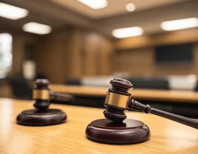 Courtroom scene representing legal proceedings involving technology cases