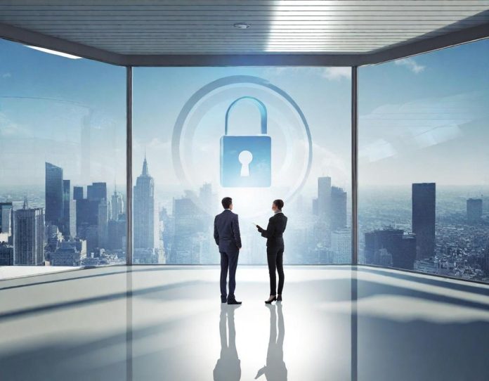 Editorial concept image of Europe�s digital policy debate: two executives in a modern Brussels-style office review abstract growth and security visuals, with a European skyline and subtle data center elements in the background.