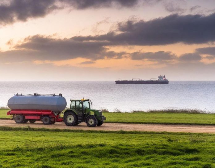 Tractor refueling on a coastal UK farm as oil tankers queue offshore, illustrating how war-driven supply disruptions are raising fuel and fertilizer costs and pushing up energy bills across Europe.