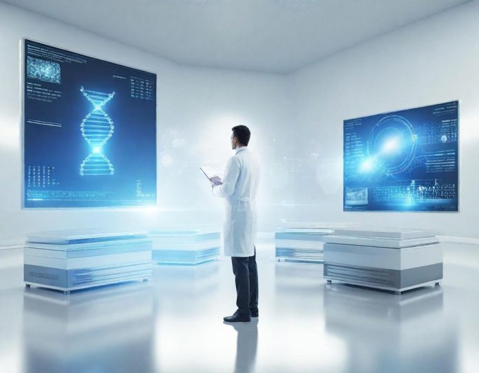 Scientist analyzing molecular structures on digital display in modern research laboratory