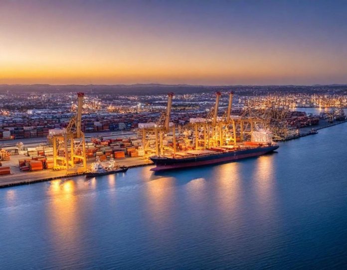 Global shipping port at dusk with cargo ships moving through strategic waterways, representing international trade and supply chain logistics