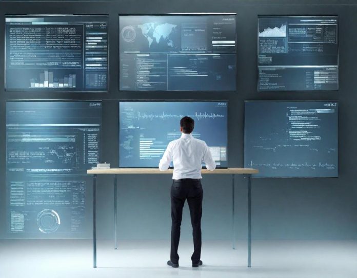 Professional analyzing data on multiple screens while working with digital tools in modern office setting