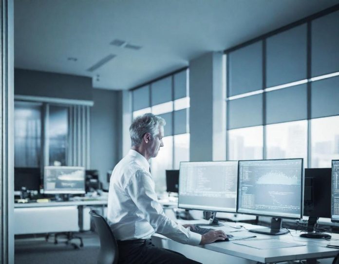 Professional auditor examining financial data on computer screen in modern office setting
