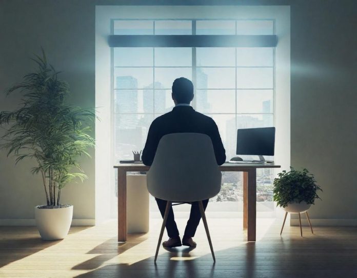 Professional contemplating artificial intelligence data visualization in office environment