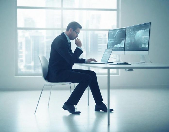 Professional working with advanced technology tools in a modern office environment