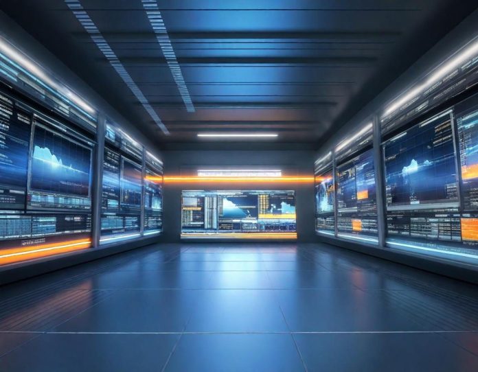 Abstract visualization of data streams converging in a technological interface representing AI system integration