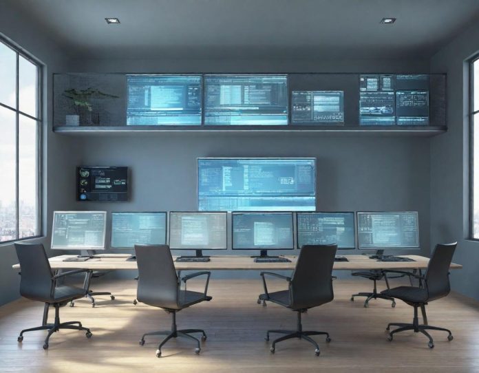 Modern office workspace with digital interfaces showing automated workflow processes and data visualization