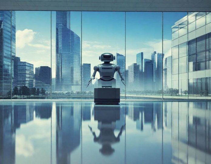 Robotic window cleaner operating on a modern office building's glass facade