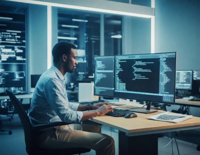 Enterprise developer transitioning between traditional programming and AI-assisted development tools at modern workstation