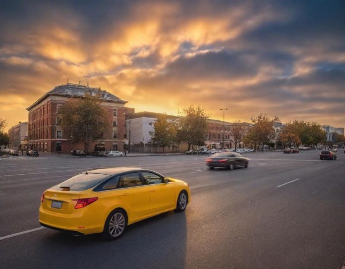 Autonomous vehicle stopped in busy urban intersection during evening traffic