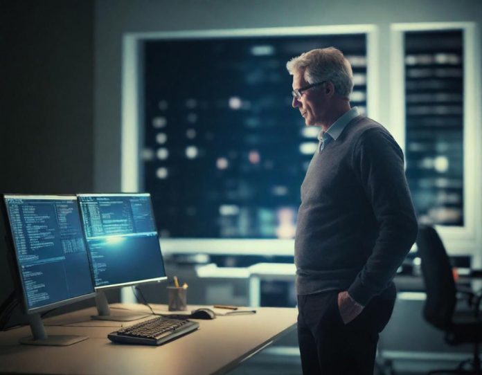 Professional questioning AI-generated information on computer screen in office environment