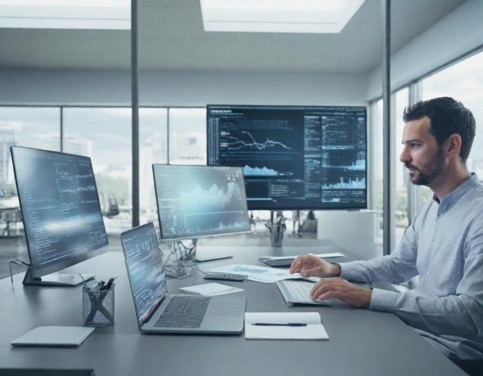 Business professional comparing digital analytics with traditional notes in modern office setting