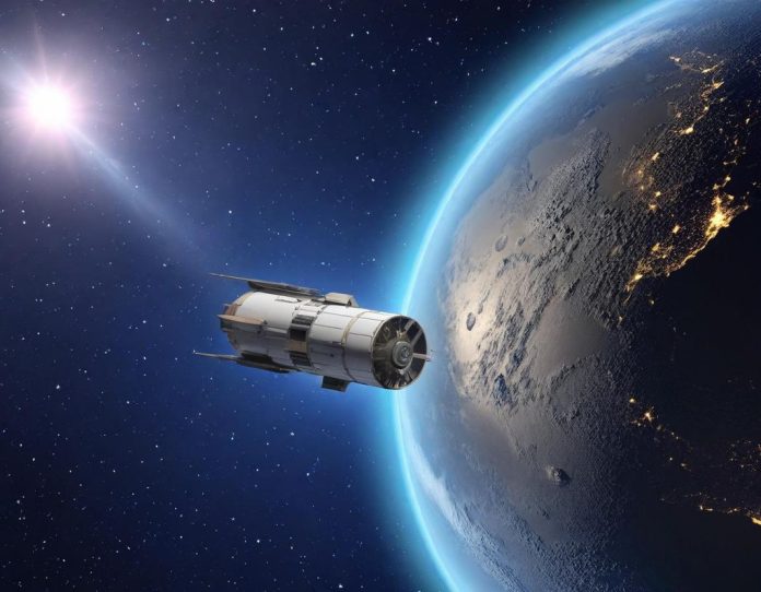 Spacecraft orbiting the Moon during a mission, representing technological advancement and exploration challenges