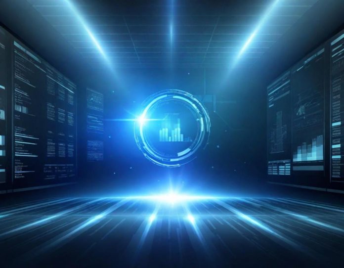 Rocket launch visualization intersecting with financial market data streams representing investment competition
