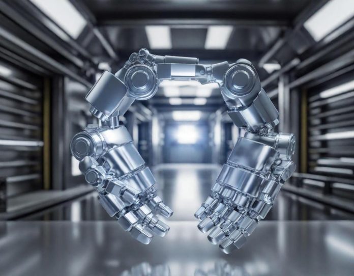 Robotic hands demonstrating advanced dexterity while folding fabric and adjusting to object movement in a laboratory environment
