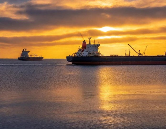 Cargo ships navigating through strategic maritime passage during sunset