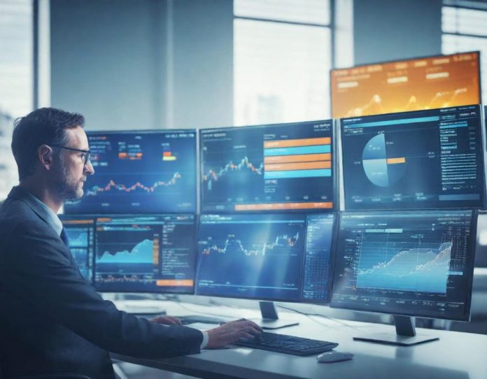 Business professional analyzing AI-generated strategic reports with economic data visualizations in modern office setting