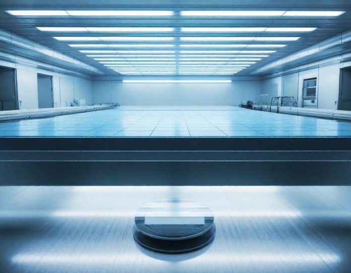 Close-up view of a silicon wafer with intricate circuit patterns under laboratory examination lights